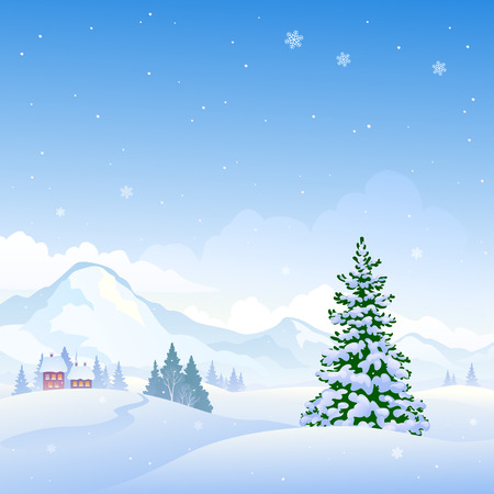 illustration of a beautiful winter nature background with snowy mountains and fir treesのイラスト素材