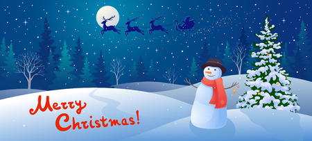 illustration of a winter snow scene with Santa Claus sleigh silhouette, greeting snowman and handwritten Merry Christmas textのイラスト素材