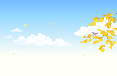Vector illustration of an autumn sky background with falling leaves and fluffy cloudsのイラスト素材