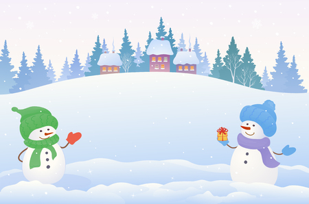 Vector drawing of a Christmas snow scene with two cute snowmenのイラスト素材