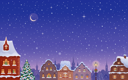 Vector cartoon illustration of a winter night townのイラスト素材