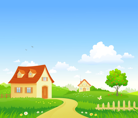 Vector cartoon illustration of a summer villageのイラスト素材