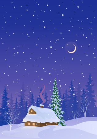 Vector illustration of a snow covered log cabin, snowy night vertical backgroundのイラスト素材