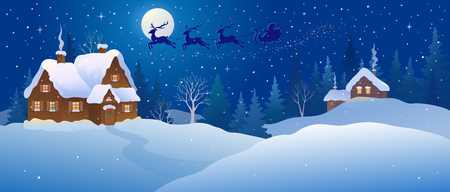 Snowy christmas night villageのイラスト素材