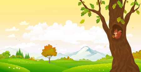 Vector cartoon drawing of an autumn forest with a cute squirrelのイラスト素材