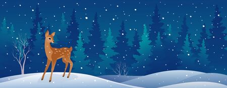 Snowy winter forest with a cute deer, panoramic bannerのイラスト素材