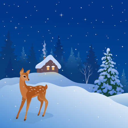 Vector illustration of a winter night scene with a deer and a log cabinのイラスト素材
