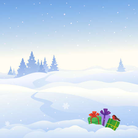 Vector illustration of Christmas gifts in snow, winter landscape backgroundのイラスト素材