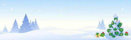 Vector cartoon illustration of Christmas tree, winter panoramic landscapeのイラスト素材