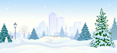 Vector illustration of a snowy city park, winter landscape panoramaのイラスト素材
