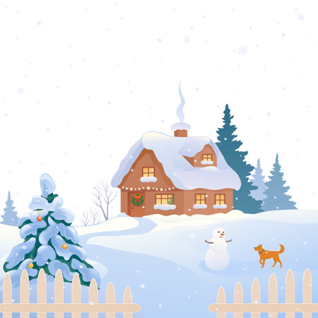 Vector illustration of a cute winter scene, snow covered house and a snowman with a dog, isolated on a white backgroundのイラスト素材
