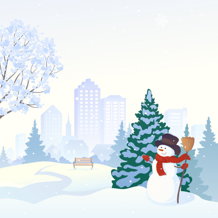 Vector drawing of a cute greeting snowman in the snow covered city park, winter background for a Christmas cardのイラスト素材
