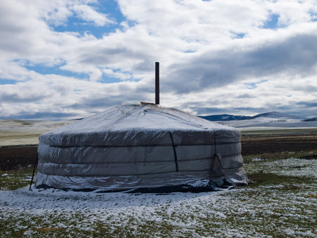 Snow covered mongolian yurt in early springのeditorial素材