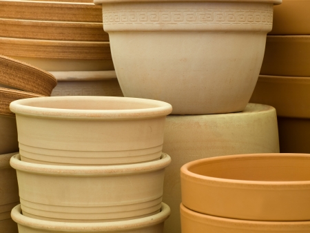 Background with various ceramic flower pots