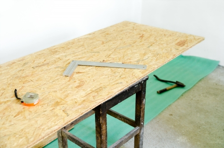 Installation of insulation and chipboard floorの写真素材