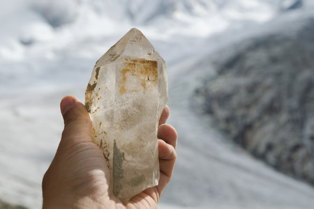 Freshly found clear quartz crystal on the glacier in the French Alpsの写真素材