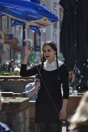 Svilajnac, Serbia - March 10, 2019 : Woman disguise as Morticia Addams. Traditional Slavic festival.のeditorial素材