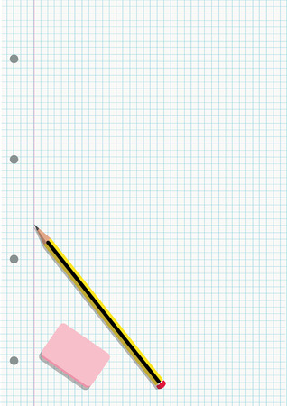 PENCIL AND ERASER ON A NOTEBOOK GRIDDED SHEETのイラスト素材