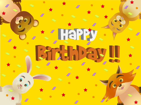 A colorful birthday card for children with four forest animals: a bear, a rabbit, a fox and a squirrelのイラスト素材