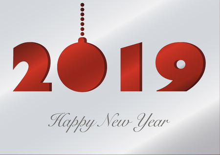 2019 New year greeting card formed by a silvery sheet with the numbers and a Christmas ornament die-cut on it and superimposed over a red backgroundのイラスト素材