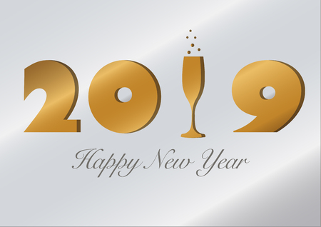 2019 New year greeting card formed by the silvery sheet with the numbers and the champagne glass die-cut on it and superimposed over a golden backgroundのイラスト素材