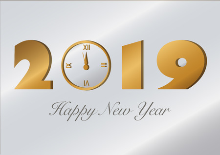 2019 New year greeting card formed by a silvery sheet with the numbers and the clock die-cut on it and superimposed over a golden backgroundのイラスト素材