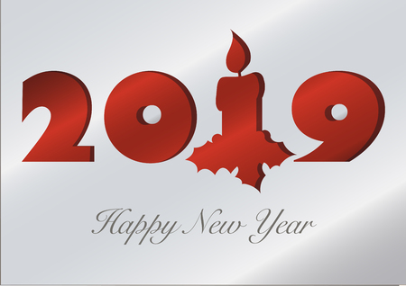 2019 New year greeting card formed by a silvery sheet with the numbers and a Christmas candle die-cut on it and superimposed over a red backgroundのイラスト素材