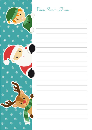 Letter template to Santa Claus with an illustration of him accompanied by an elf and to reindeer peeping out to the left side of the sheetのイラスト素材