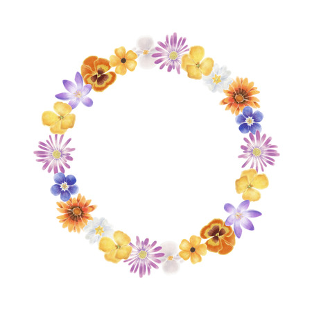 Watercolor spring flowers wreath on a white backgroundの写真素材