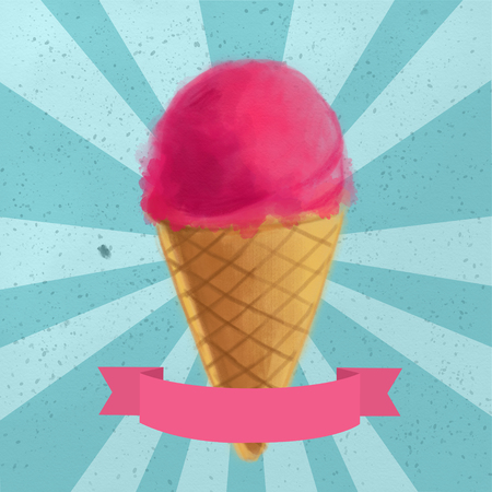 Single cone ice cream with a raspberry scoop on a light blue vintage backgroundの写真素材