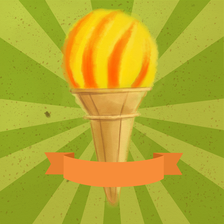 Single cone ice cream with lemon and orange scoop on a green vintage backgroundの写真素材