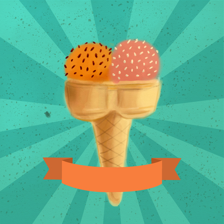 Double cone ice cream with orange and strawberry scoops on a turquoise vintage backgroundの写真素材