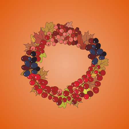 Illustration of wreath with bunches of berries and autumn leaves. Vector illustration.のイラスト素材