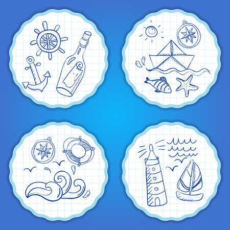 Set of hand painted doodle sea elements.のイラスト素材