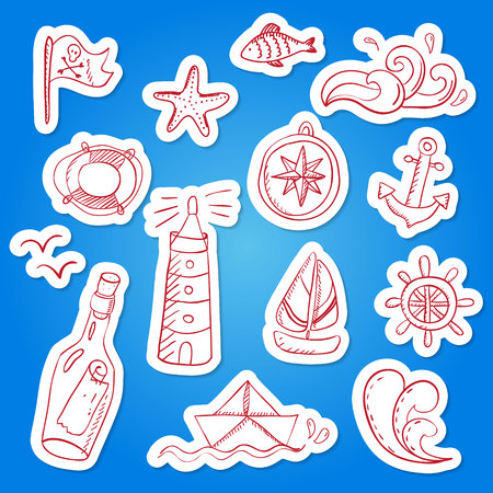 Set of hand painted doodle sea elements.のイラスト素材