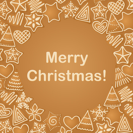 Christmas card with gingerbread hearts, trees and stars.のイラスト素材
