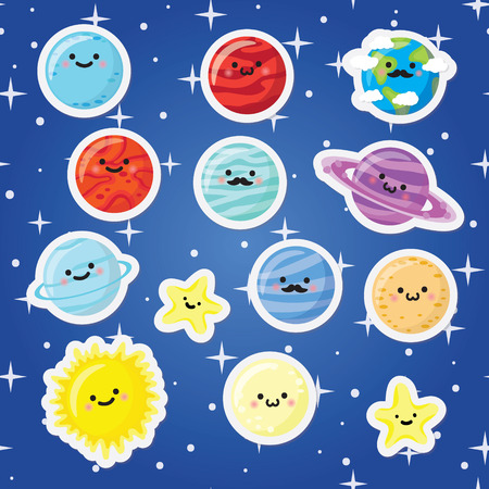 Set of stickers with cute smiling planets, stars and moon. Vector illustrationのイラスト素材