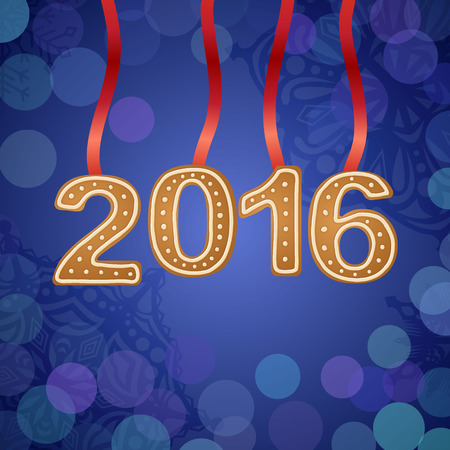 Gingerbread cookies with text "2016" on ribbons. Vetor illustrationsのイラスト素材