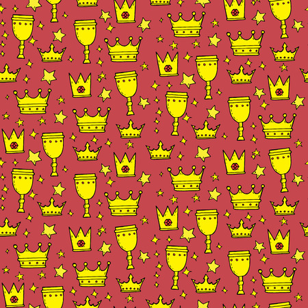 Seamless pattern with crowns, goblets and stars in cartoon style. Vector illustrationのイラスト素材