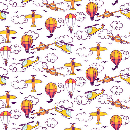 Seamless vintage pattern with balloons, planes and helicopters. Vector illustrationのイラスト素材