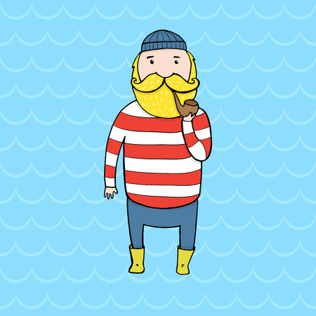 Cute bearded sailor with a pipe. Vector illustrationのイラスト素材
