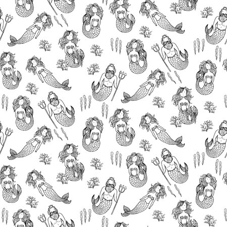 Seamless pattern with mermaids and tritons. Vector illustrationのイラスト素材