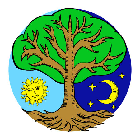 Alchemy tree with a sun and a moon from different sides of it. Night and day. Vector illustrationのイラスト素材