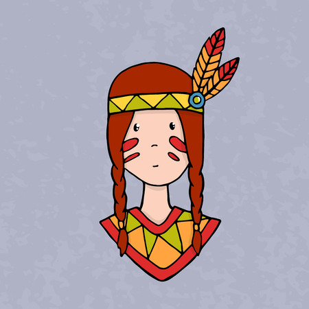 Cute little indian girl with handband and feathersのイラスト素材