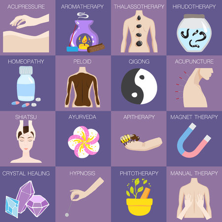 Set of vector illustrations of different kinds of alternative medicineのイラスト素材