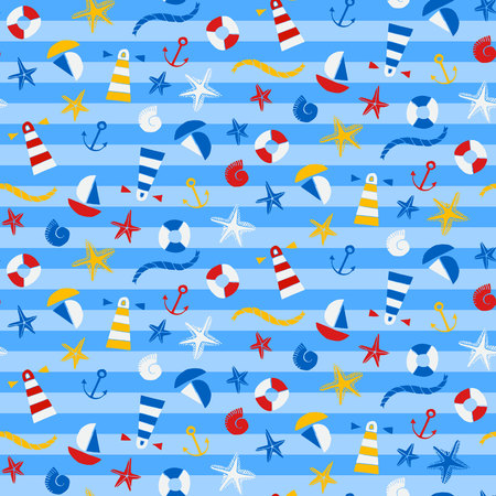 Seamless pattern with ships, lighthouses and other sea elements. Vector illustration.のイラスト素材