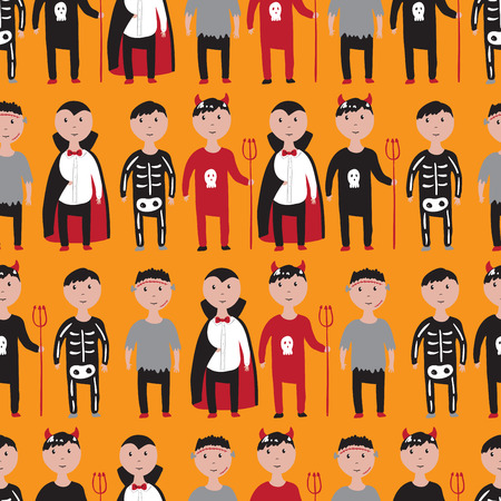 Seamless pattern with boys in different halloween costumes. Vector illustrationのイラスト素材