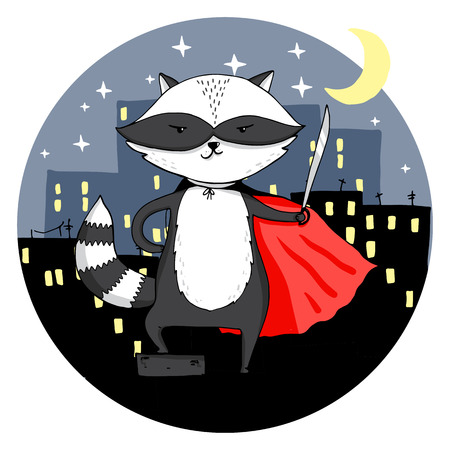 Superhero raccoon in a night city. Vector illustrationのイラスト素材