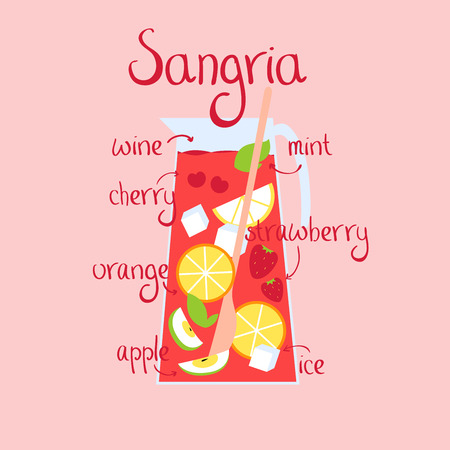 Recipe of sangria. Summer cold drink with red wine, ice, fruits and berries. illustrationのイラスト素材
