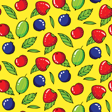 Summer seamless pattern with gooseberries, strawberries and blackberries. Vector illustrationのイラスト素材